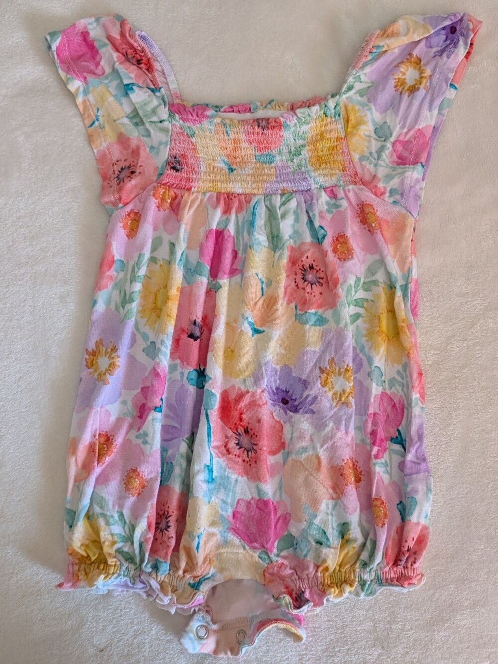 Little Sleepies Smocked Bubble Romper Watercolor Meadow